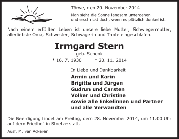 Traueranzeige von Irmgard Stern von Uelzen