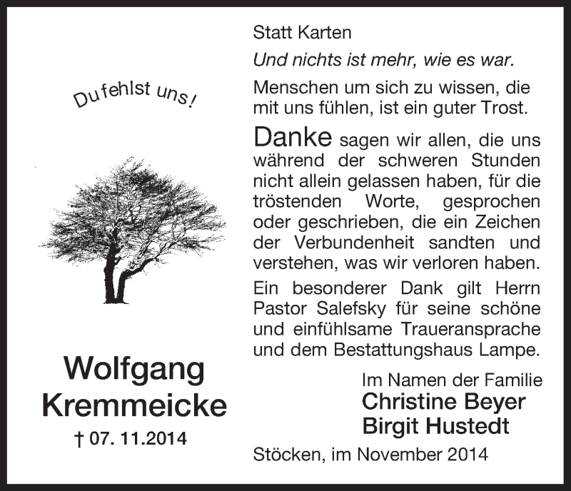  Traueranzeige für Wolfgang Kremmeicke vom 28.11.2014 aus Uelzen