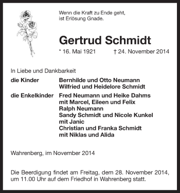 Traueranzeige von Gertrud Schmidt von Uelzen