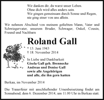 Traueranzeige von Roland Gall von Uelzen