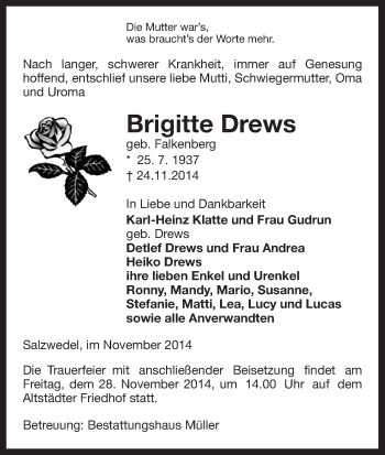 Traueranzeige von Brigitte Drews von Uelzen