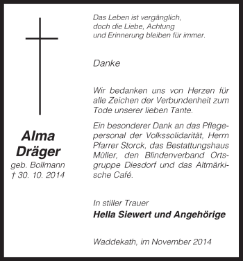 Traueranzeige von Alma Dräger von Uelzen