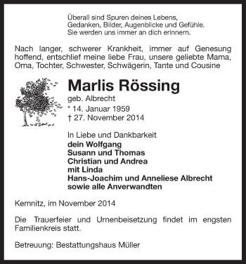 Traueranzeige von Marlis Rössing von Uelzen