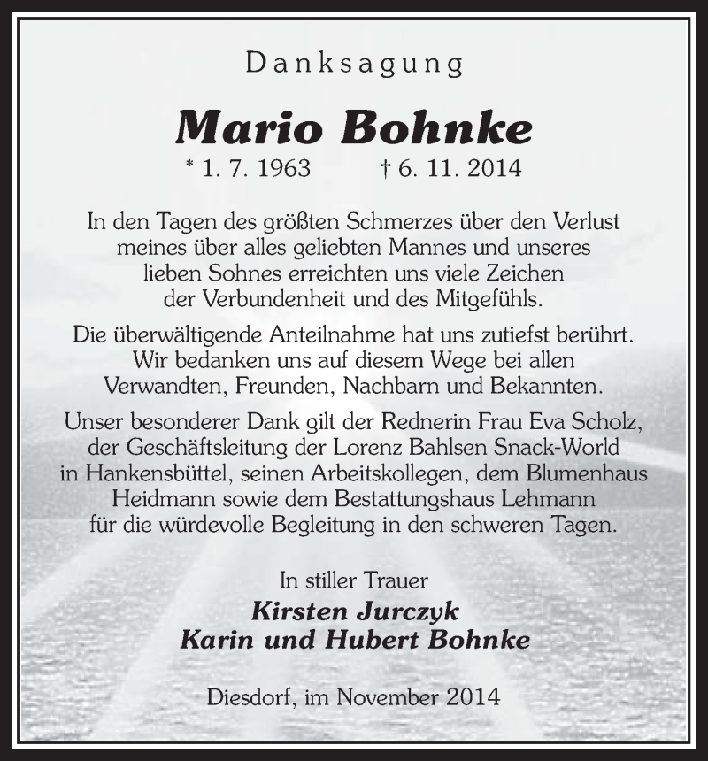  Traueranzeige für Mario Bohnke vom 29.11.2014 aus Uelzen