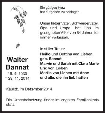 Traueranzeige von Walter Bannat von Uelzen