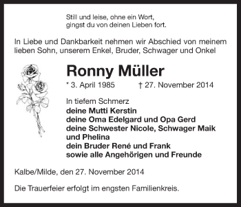 Traueranzeige von Ronny Müller von Uelzen