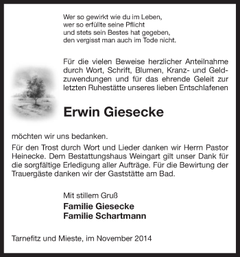 Traueranzeige von Erwin Giesecke von Uelzen