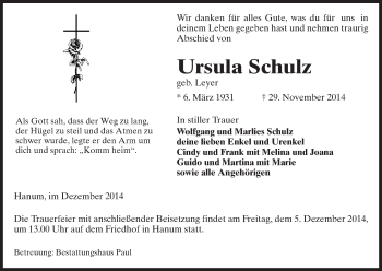 Traueranzeige von Ursula Schulz von Uelzen