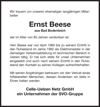 Traueranzeige von Ernst Beese von Uelzen