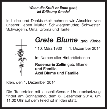 Traueranzeige von Grete Blume von Uelzen