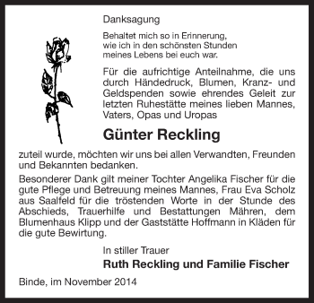 Traueranzeige von Günter Reckling von Uelzen