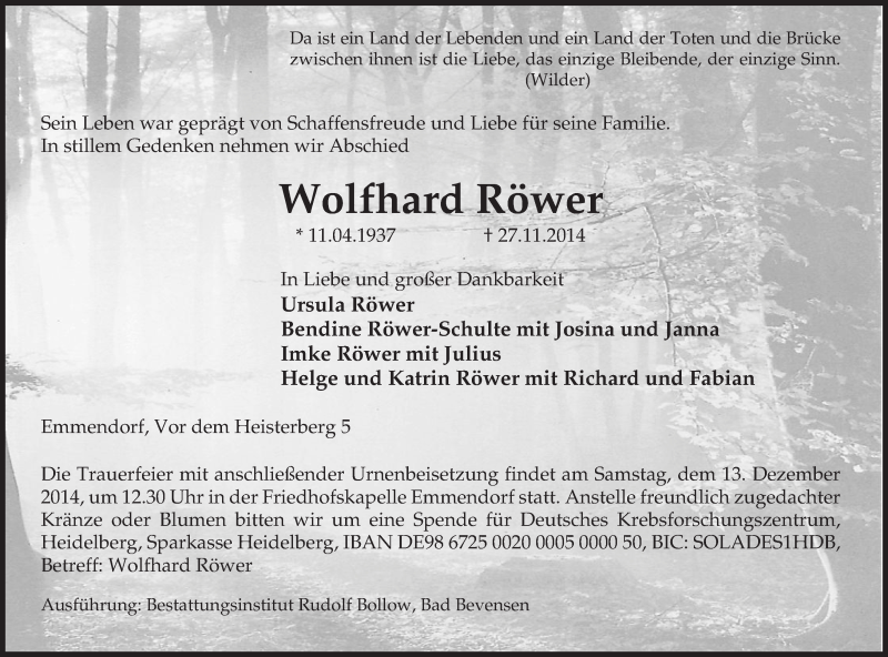  Traueranzeige für Wolfhard Röwer vom 04.12.2014 aus Uelzen