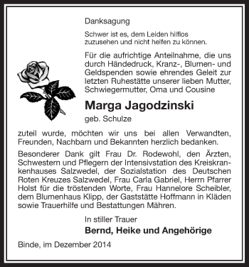 Traueranzeige von Marga Jagodzinski von Uelzen