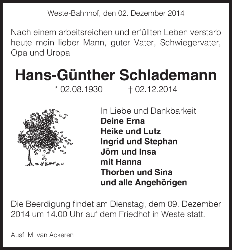  Traueranzeige für Hans-Günther Schlademann vom 05.12.2014 aus Uelzen