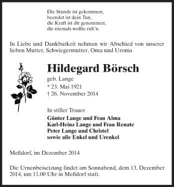 Traueranzeige von Hildegard Börsch von Uelzen