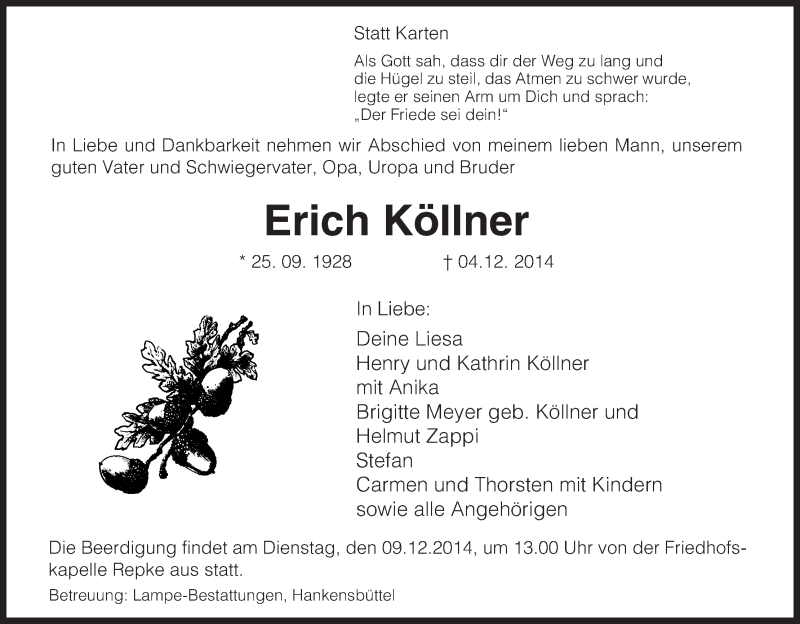  Traueranzeige für Erich Köllner vom 06.12.2014 aus Uelzen