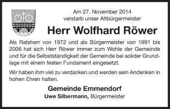 Traueranzeige von Wolfhard Röwer von Uelzen