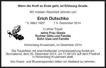 Traueranzeige von Erich Dutschko von Uelzen