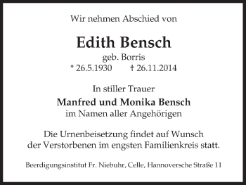 Traueranzeige von Edith Bensch von Uelzen