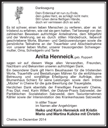 Traueranzeige von Anita Henneick von Uelzen