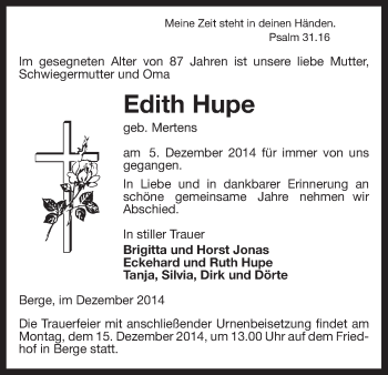 Traueranzeige von Edith Hupe von Uelzen