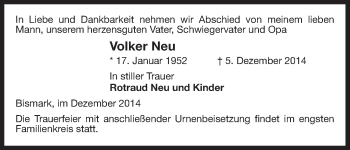 Traueranzeige von Volker Neu von Uelzen