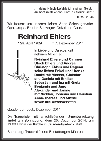 Traueranzeige von Reinhard Ehlers von Uelzen