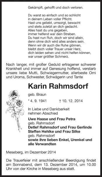 Traueranzeige von Karin Rahmsdorf von Uelzen