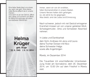 Traueranzeige von Helma Krüger von Uelzen