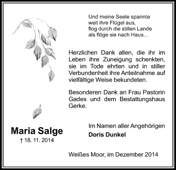 Traueranzeige von Maria Salge von Uelzen