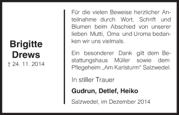 Traueranzeige von Brigitte Drews von Uelzen