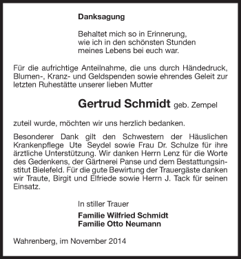 Traueranzeige von Gertrud Schmidt von Uelzen