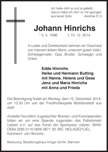 Traueranzeige von Johann Hinrichs von Uelzen