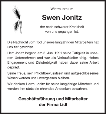 Traueranzeige von Swen Jonitz von Uelzen