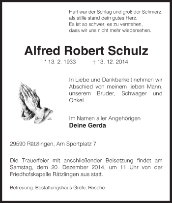 Traueranzeige von Alfred Robert von Uelzen