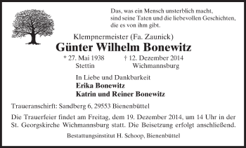 Traueranzeige von Günter Wilhelm Bonewitz von Uelzen