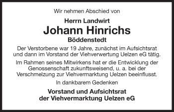 Traueranzeige von Johann Hinrichs von Uelzen