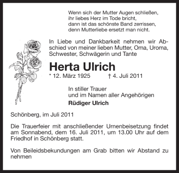 Traueranzeige von Herta Ulrich von ALLGEMEINE ZEITUNG UELZEN