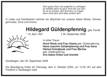 Traueranzeige von Hildegard Güldenpfennig von ALLGEMEINE ZEITUNG UELZEN