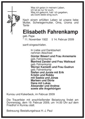 Traueranzeige von Elisabeth Fahrenkamp von ALLGEMEINE ZEITUNG UELZEN