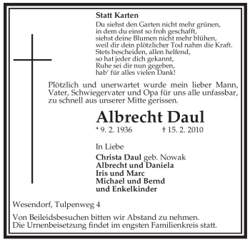 Traueranzeige von Albrecht Daul von ALLGEMEINE ZEITUNG UELZEN