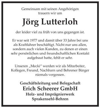 Traueranzeige von Jörg Lutterloh von ALLGEMEINE ZEITUNG UELZEN