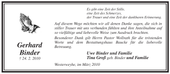 Traueranzeige von Gerhard Binder von ALLGEMEINE ZEITUNG UELZEN