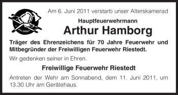 Traueranzeige von Arthur Hamborg von ALLGEMEINE ZEITUNG UELZEN