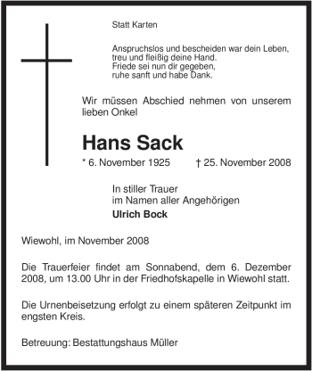 Traueranzeige von Hans Sack von ALLGEMEINE ZEITUNG UELZEN