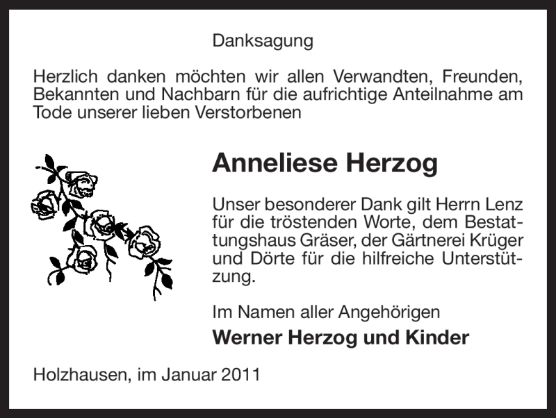 Traueranzeige für Anneliese Herzog vom 07.01.2011 aus ALLGEMEINE ZEITUNG UELZEN