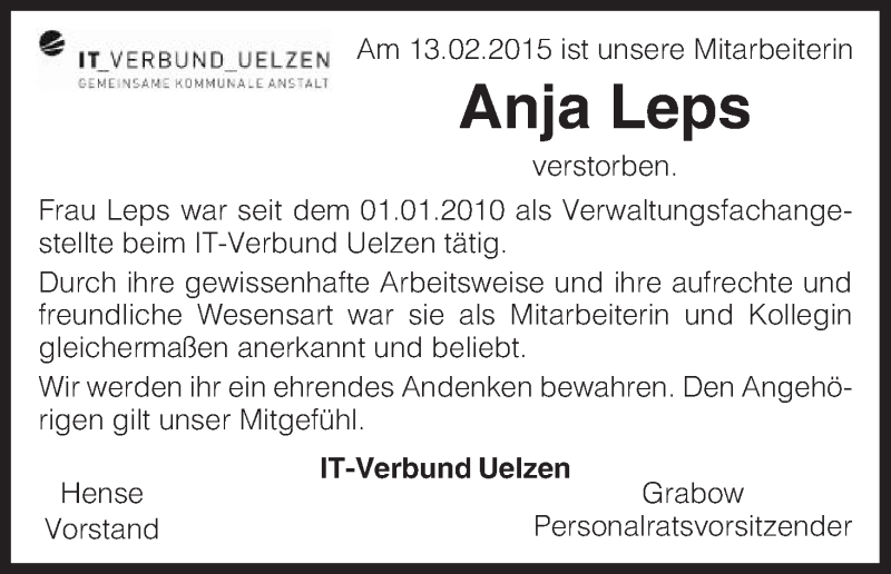  Traueranzeige für Anja Leps vom 18.02.2015 aus Uelzen