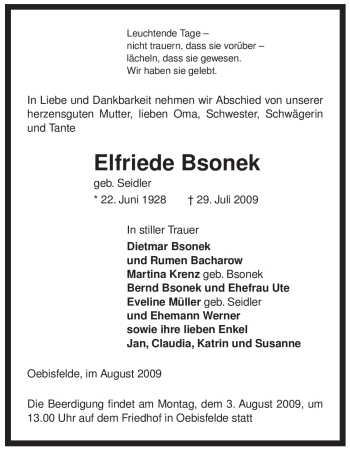 Traueranzeige von Elfriede Bsonek von ALLGEMEINE ZEITUNG UELZEN