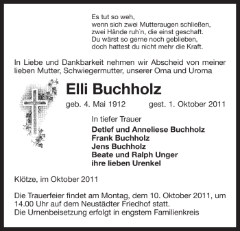 Traueranzeige von Elli Buchholz von ALLGEMEINE ZEITUNG UELZEN