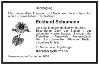 Traueranzeige von Eckhard Schumann von ALLGEMEINE ZEITUNG UELZEN